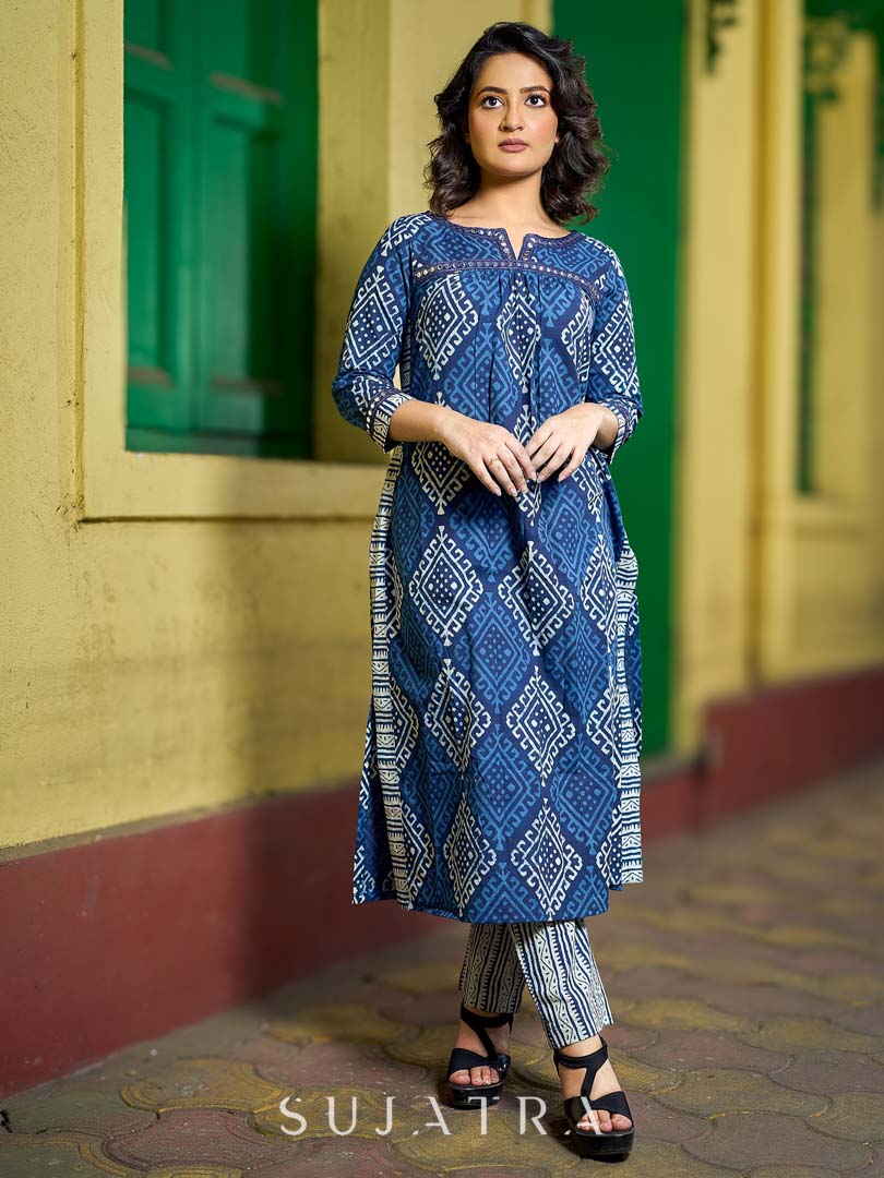Deep Indigo Abstract Kurta Featuring Diamond Prints, Blue Mirror Lace Accents and Soft Front Gathers