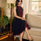 Black bias-cut block print halter dress with a red jaal hand block printed front panel, golden print detailing, and red accents for a striking, elegant statement look.