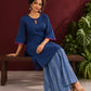 Navy Blue Cotton Keyhole Neckline Tunic Co-ord Set with Indigo Striped Palazzo