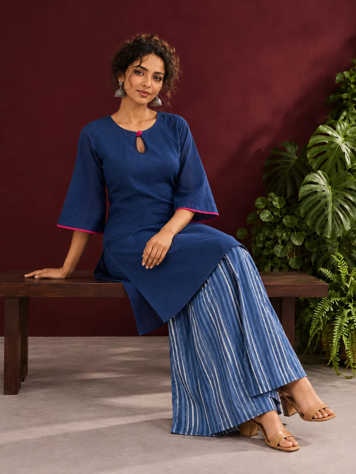 Navy Blue Cotton Keyhole Neckline Tunic Co-ord Set with Indigo Striped Palazzo