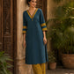 Classic Teal Cotton Kurta with Ajrakh Printed V-Yoke & Double Cuff Band Detail