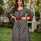 Elegant black grey mercerised Ikat shirt dress featuring a soft square neck, subtle maroon detailing, and a waist belt for a gently flowing silhouette.