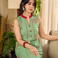 Pista sleeveless block printed dress with red abstract motif panels, a contrasting red collar, and accents for a fresh, artisanal, contemporary look.