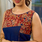 Artisan navy and maroon Kalamkari dress with bold asymmetrical neck detailing.