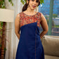 Artisan navy and maroon Kalamkari dress with bold asymmetrical neck detailing.