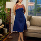 Artisan navy and maroon Kalamkari dress with bold asymmetrical neck detailing.