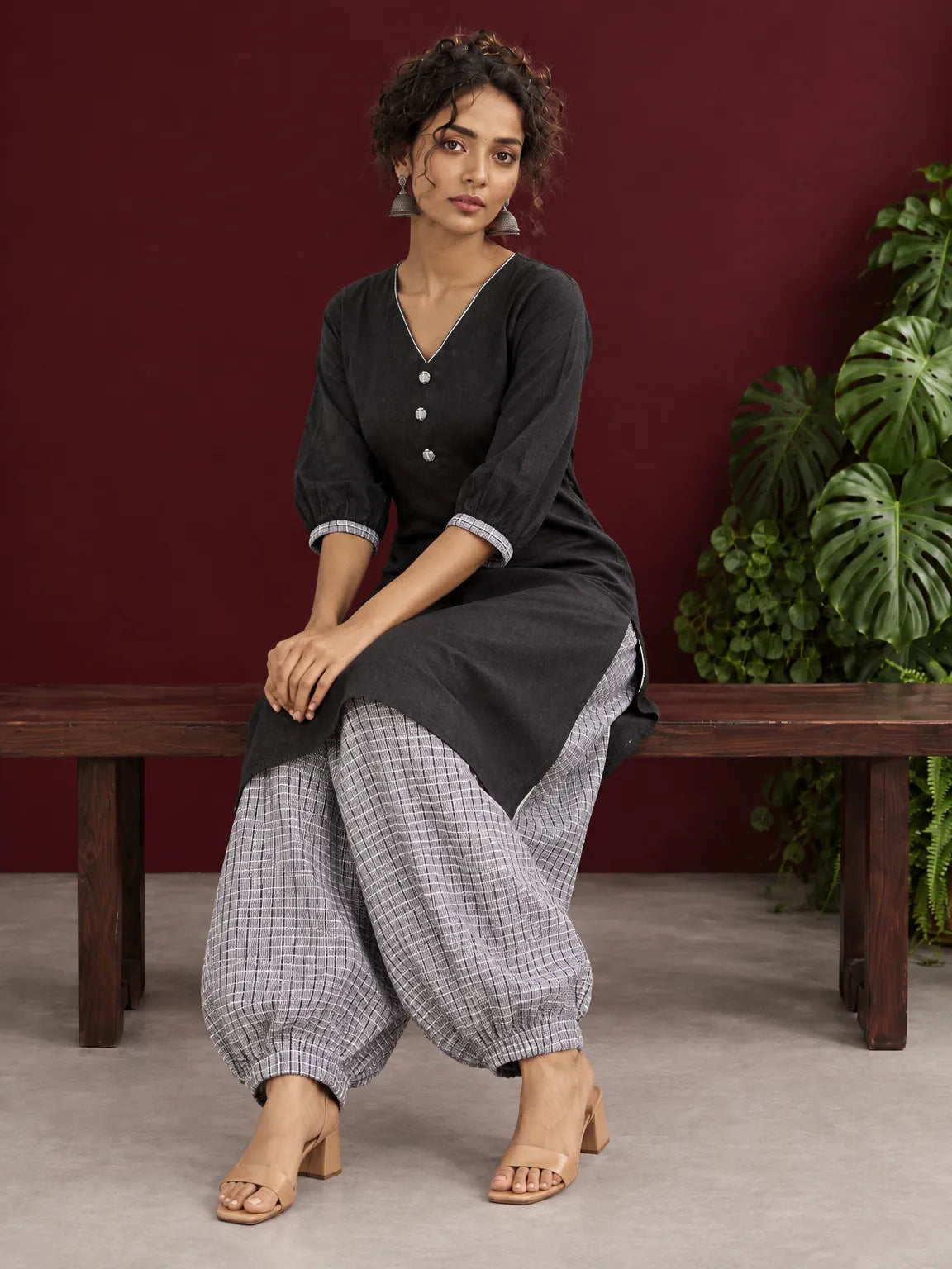 Classic Black Cotton Tunic Co-ord Set with Checkered Cuffs and Button Detail V-Neck paired with Coordinated Checkere — view 3