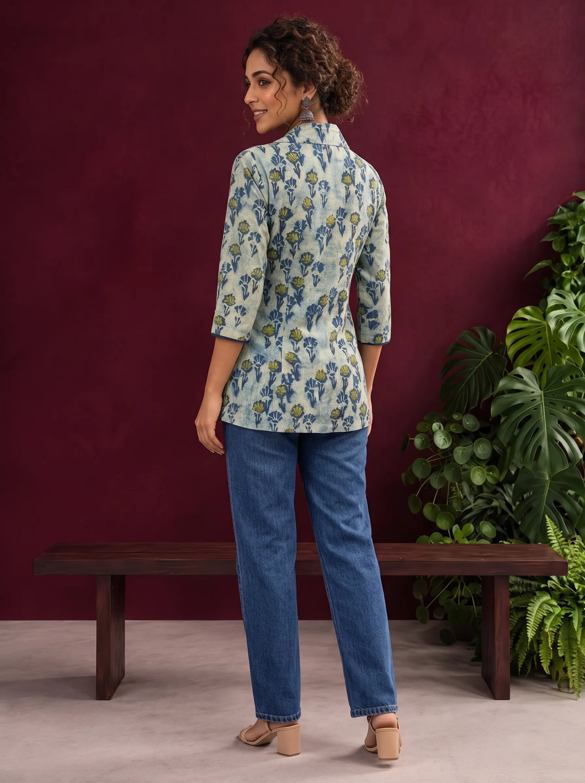 Classic Indigo Floral Printed Cotton Shirt with Bell Sleeves — view 4