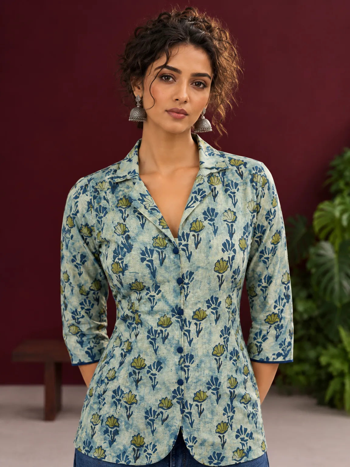 Classic Indigo Floral Printed Cotton Shirt with Bell Sleeves — view 3