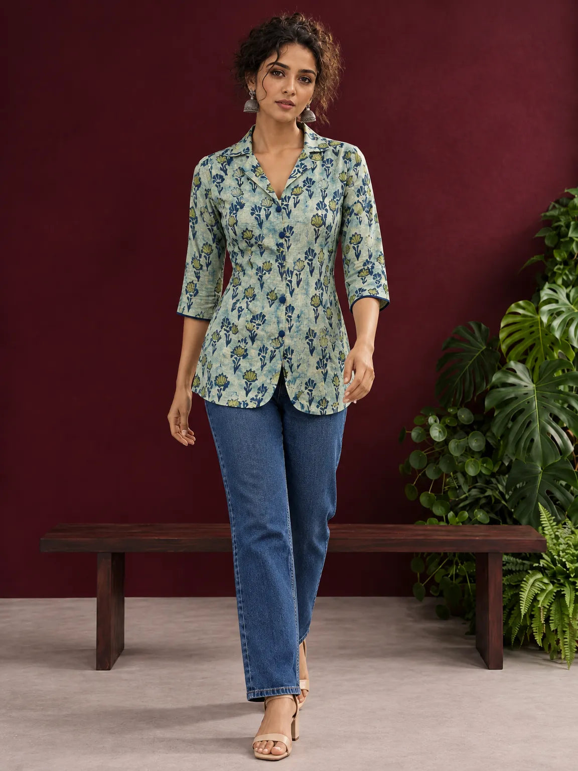 Classic Indigo Floral Printed Cotton Shirt with Bell Sleeves — view 2