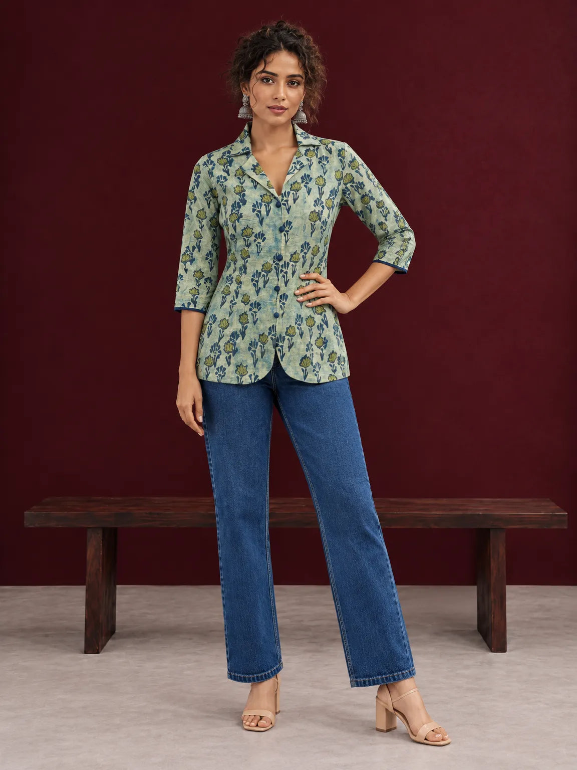 Classic Indigo Floral Printed Cotton Shirt with Bell Sleeves