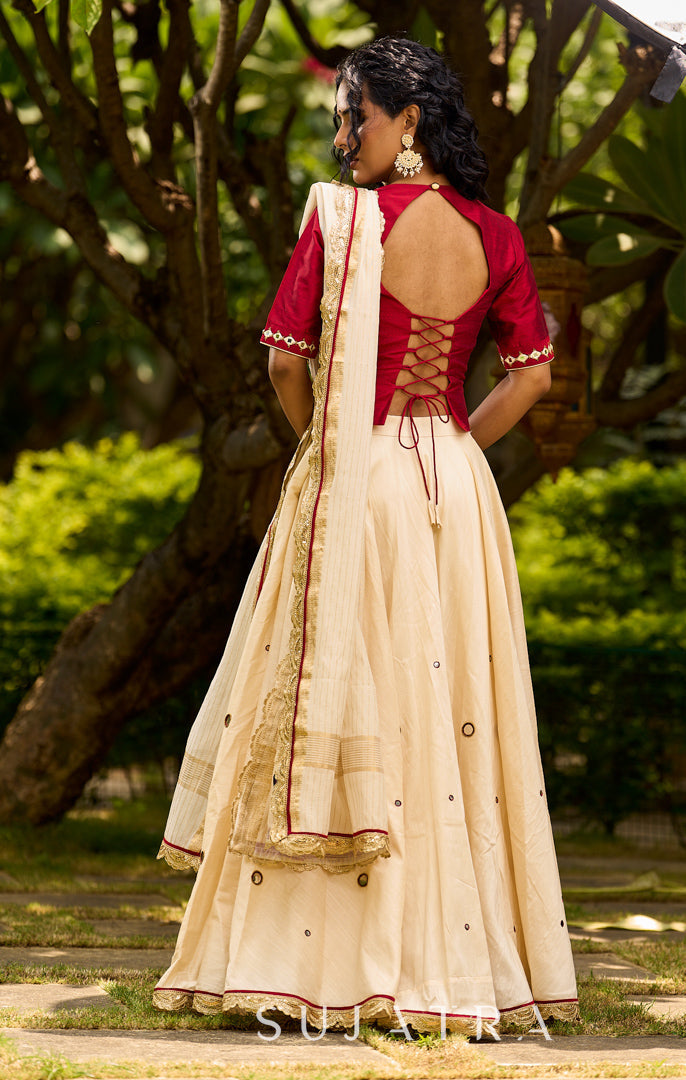 Classic Maroon & Ivory Mirror Work Lehenga Set with Gold Scallop Border Dupatta and Embroidered Maroon Tie-Back Blouse