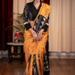 Exclusive pure silk hand batik mustard yellow saree with warli design motifs