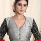 Smartly Combined Grey Cotton Silk and Pure Ikat Blouse with red Gathers on the sleeves