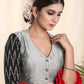 Smartly Combined Grey Cotton Silk and Pure Ikat Blouse with red Gathers on the sleeves