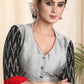 Smartly Combined Grey Cotton Silk and Pure Ikat Blouse with red Gathers on the sleeves