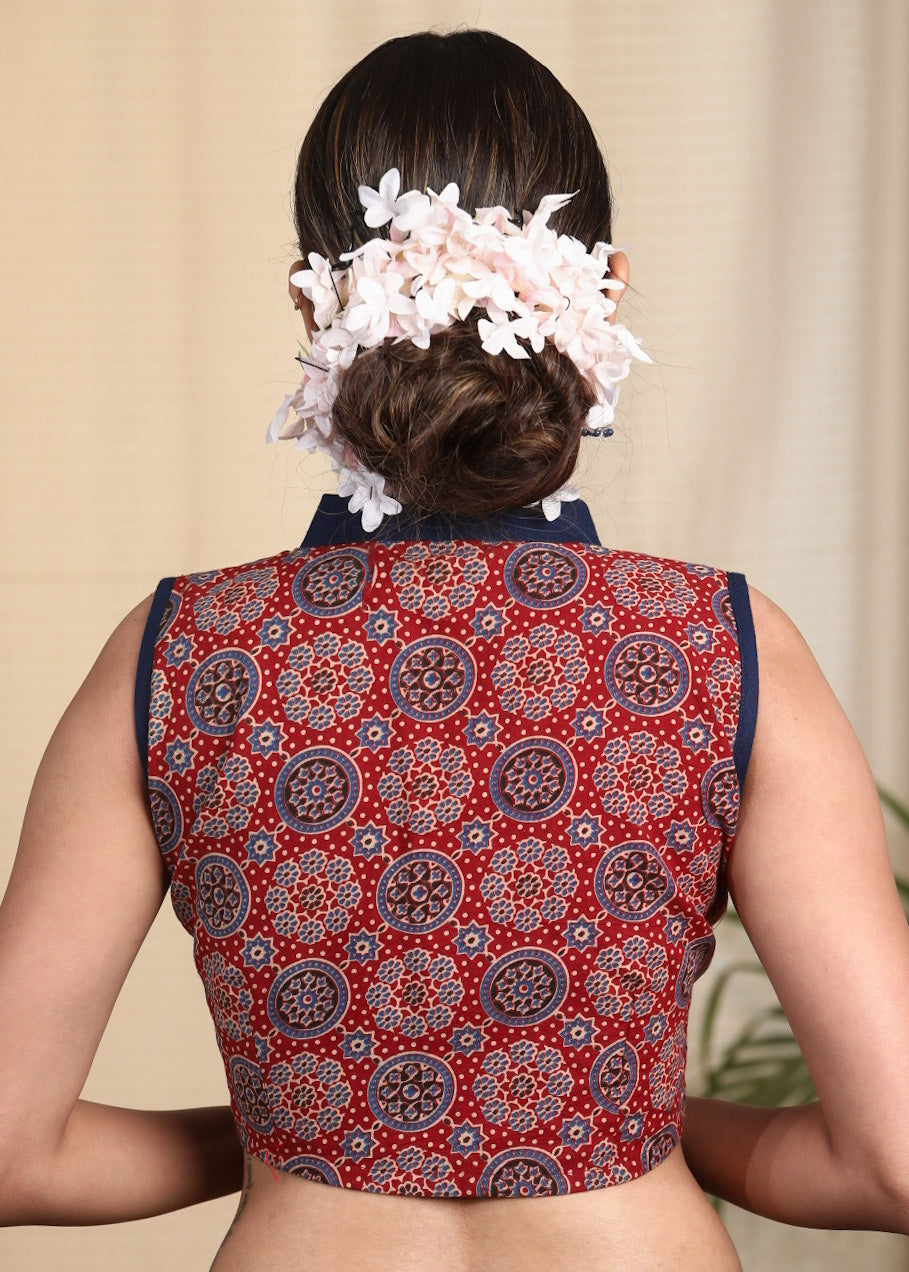 Exclusive  Cotton Handblock Printed front open Sleeveless  Blouse with Contrasting Mandarin Collar and Buttons
