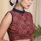 Exclusive  Cotton Handblock Printed front open Sleeveless  Blouse with Contrasting Mandarin Collar and Buttons