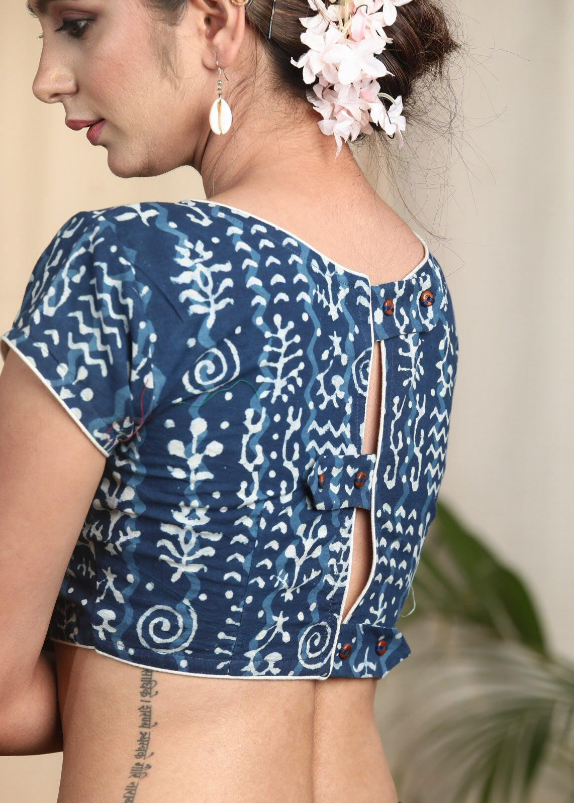 Cotton Indigo Blouse with  Stylish Flap Buttons on the Backside