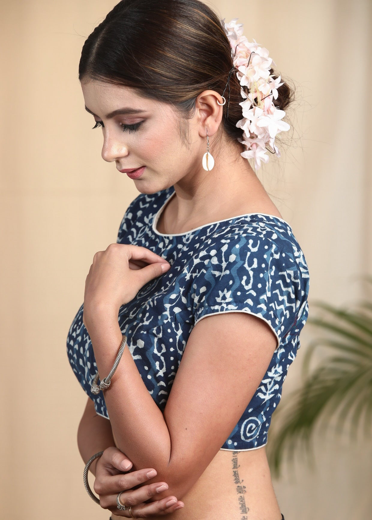 Cotton Indigo Blouse with  Stylish Flap Buttons on the Backside