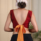 Maroon Cotton Silk Designer Blouse With Scallop Neck line, Contrast Embroidery and Bow At the Back