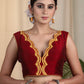 Maroon Cotton Silk Designer Blouse With Scallop Neck line, Contrast Embroidery and Bow At the Back