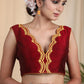 Maroon Cotton Silk Designer Blouse With Scallop Neck line, Contrast Embroidery and Bow At the Back