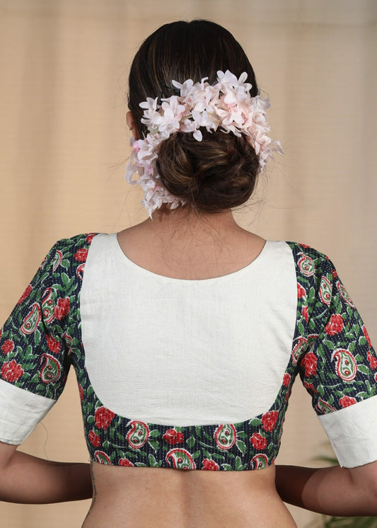 Graceful Cotton Block Printed  Blouse with Kantha Stitches and Cotrast Yoke at the Back