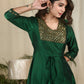 Forest green cotton silk one piece dress with exclusive hand embroidered yoke