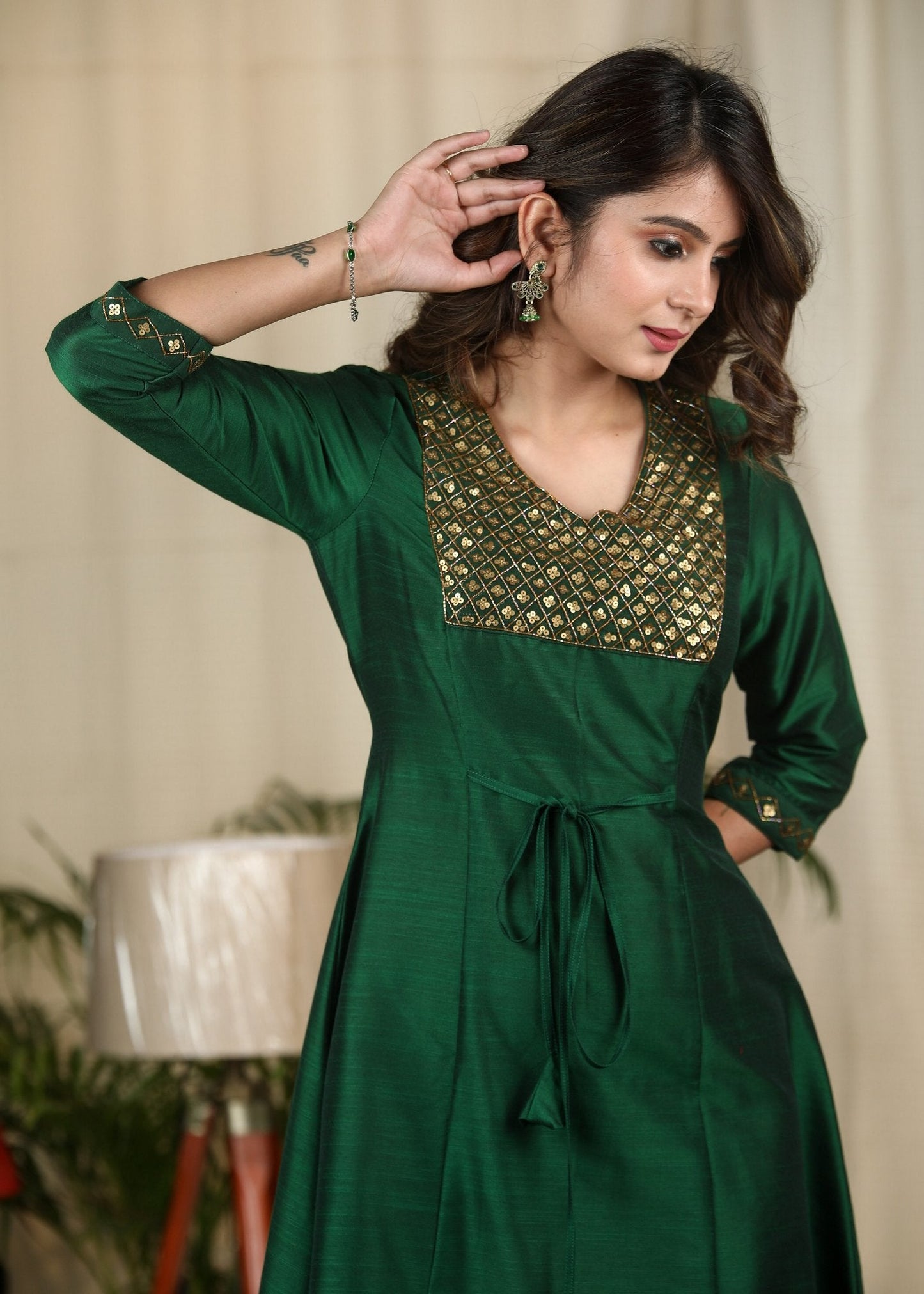 Forest green cotton silk one piece dress with exclusive hand embroidered yoke