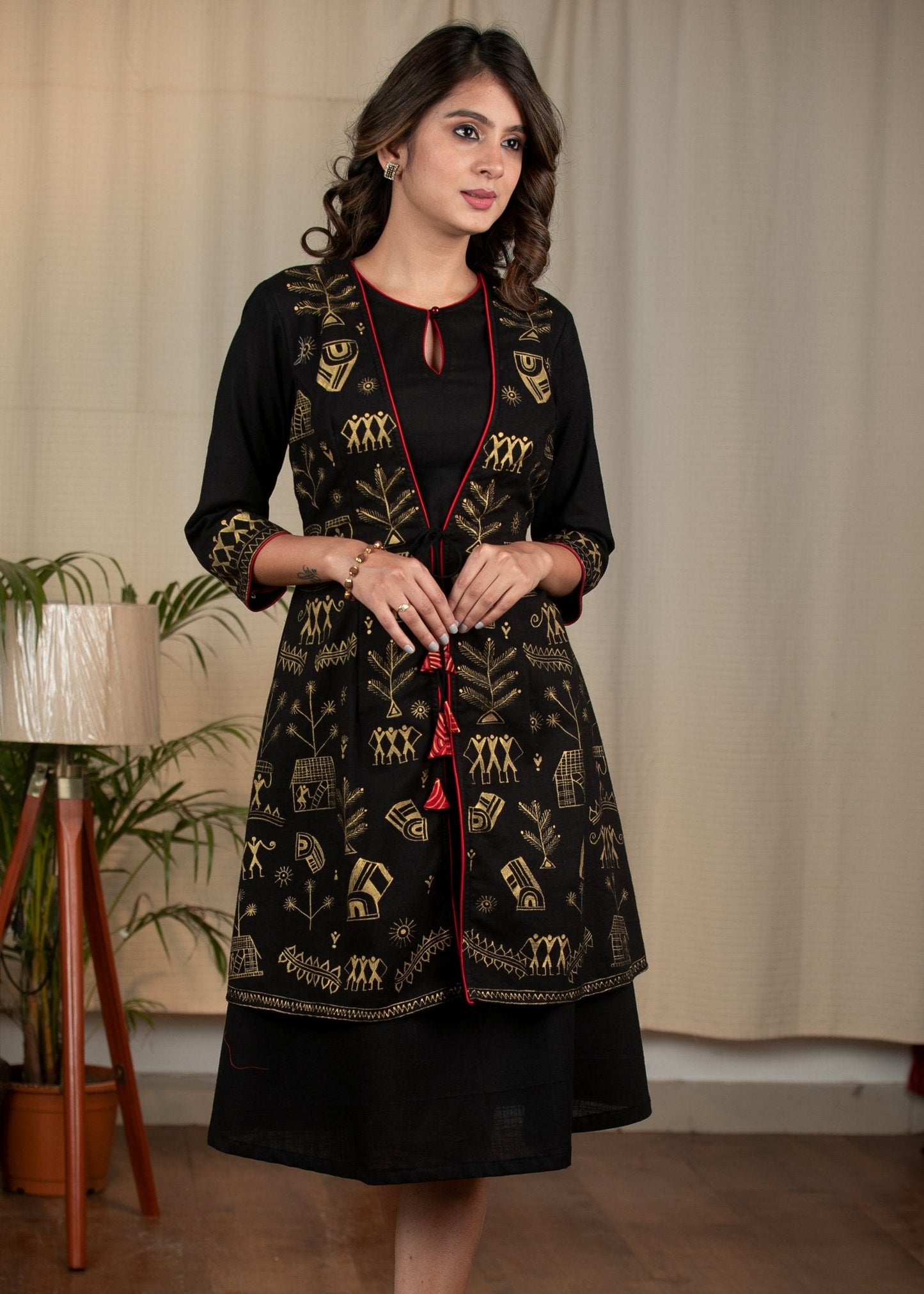 Exclusive warli hand painted layered jacket one piece cotton dress