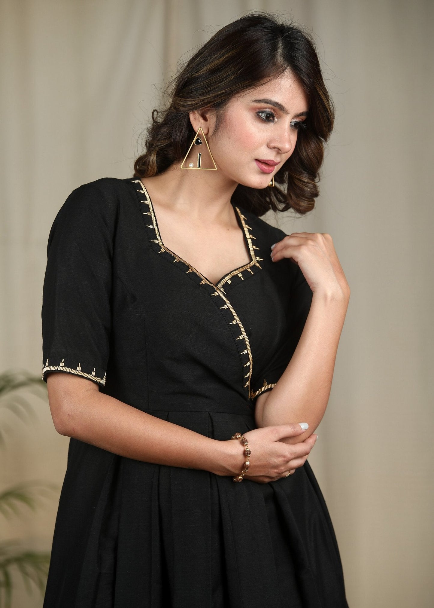 Black cotton silk dress with hand embroidery