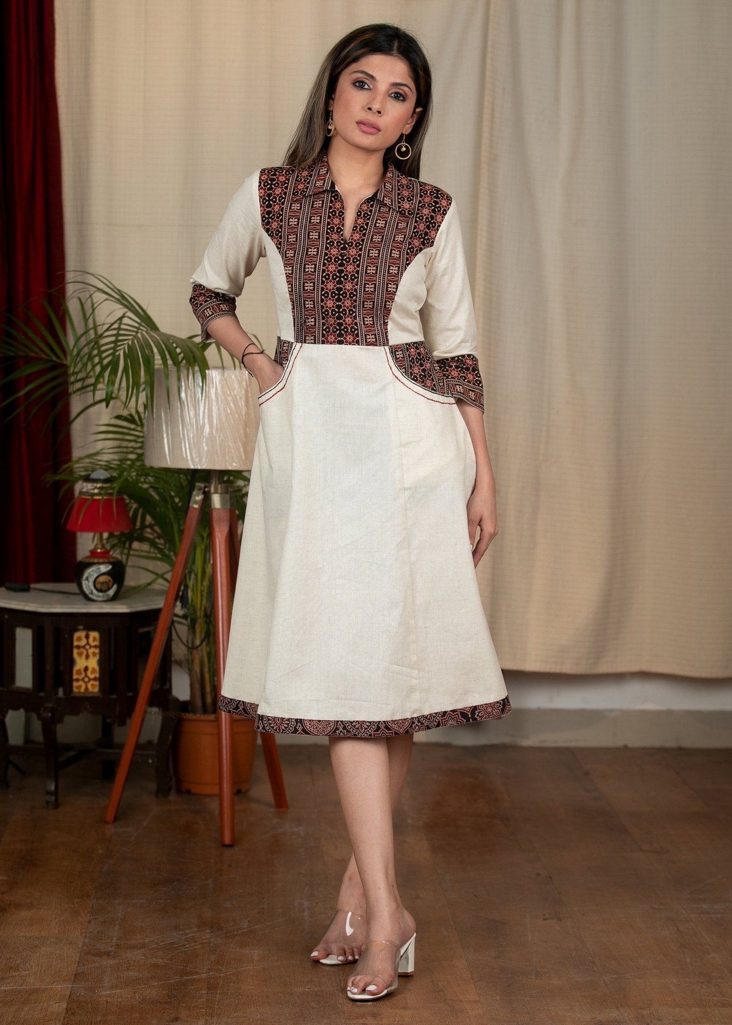 White cotton dress with Ajrakh combination