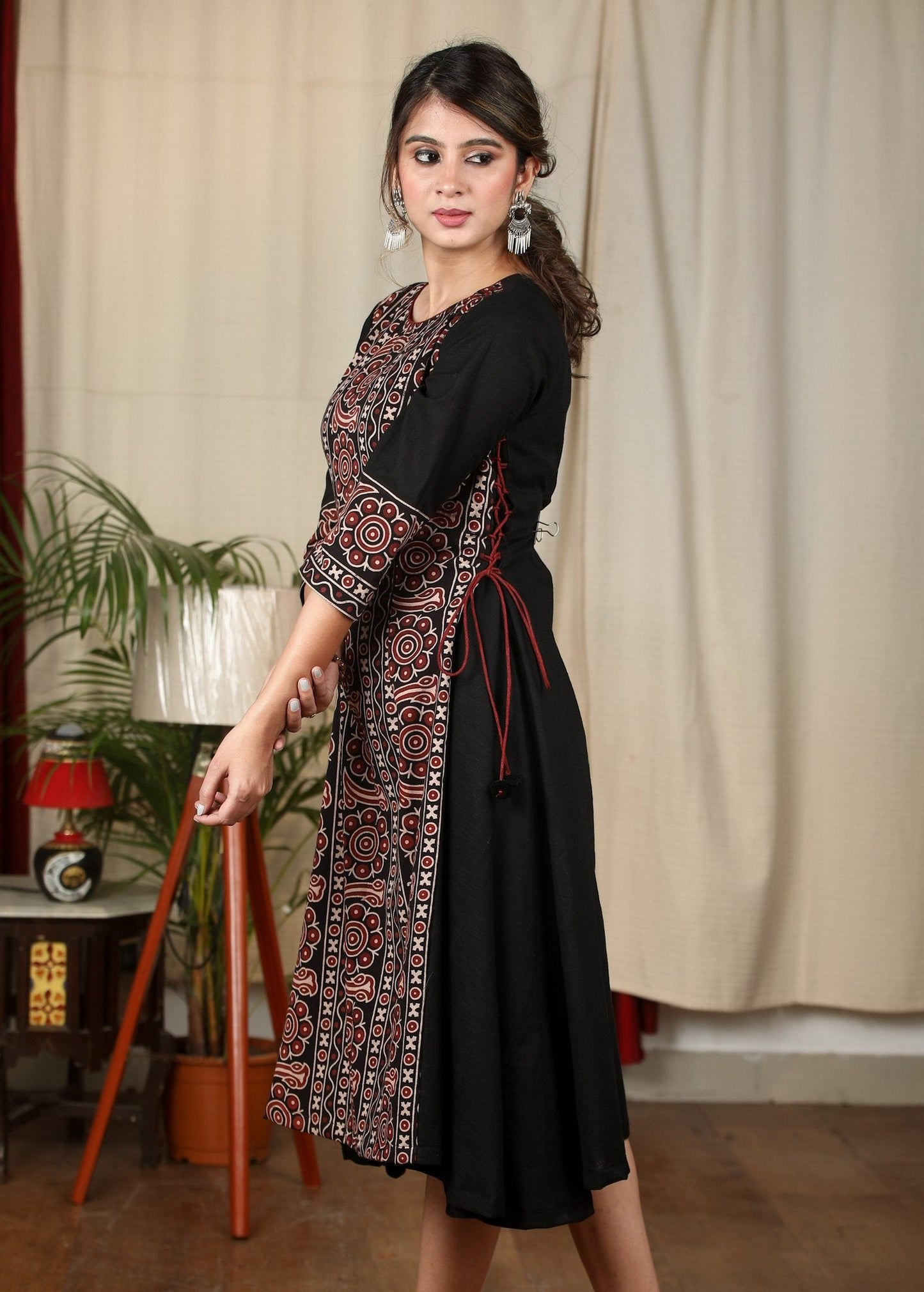 Black cotton dress with Ajrakh panel in front