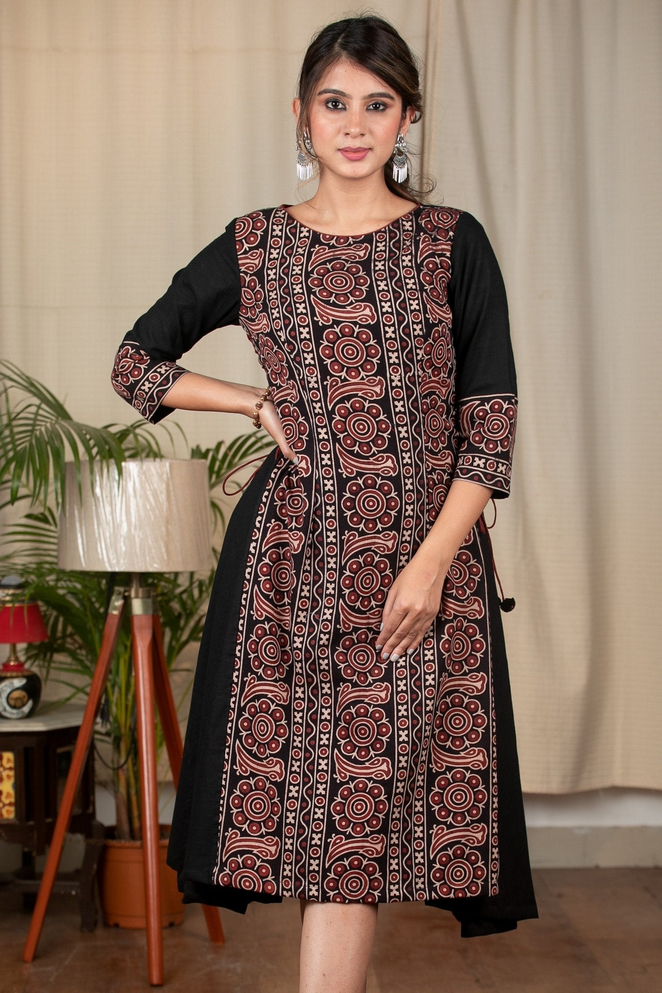 Black cotton dress with Ajrakh panel in front
