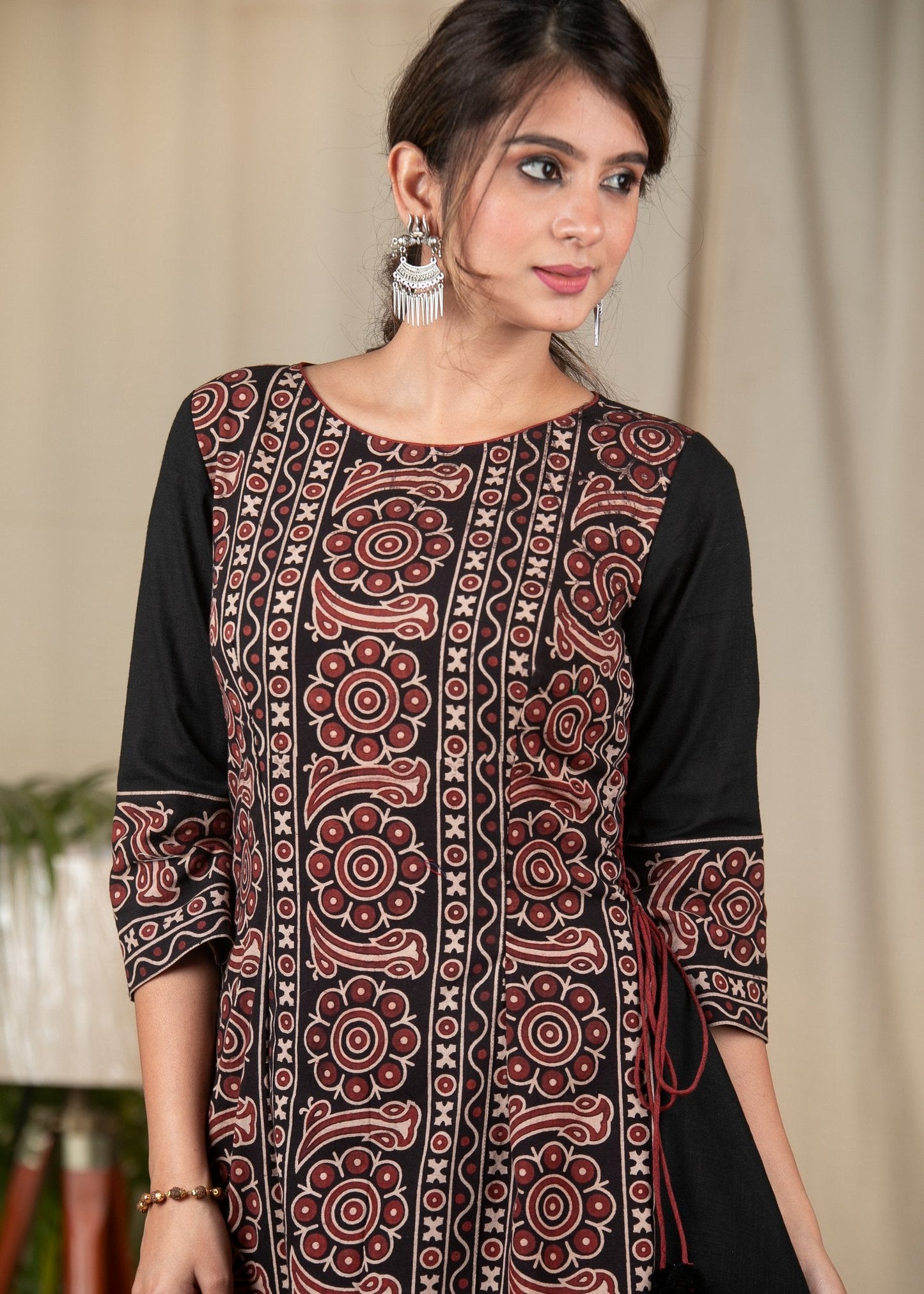 Black cotton dress with Ajrakh panel in front