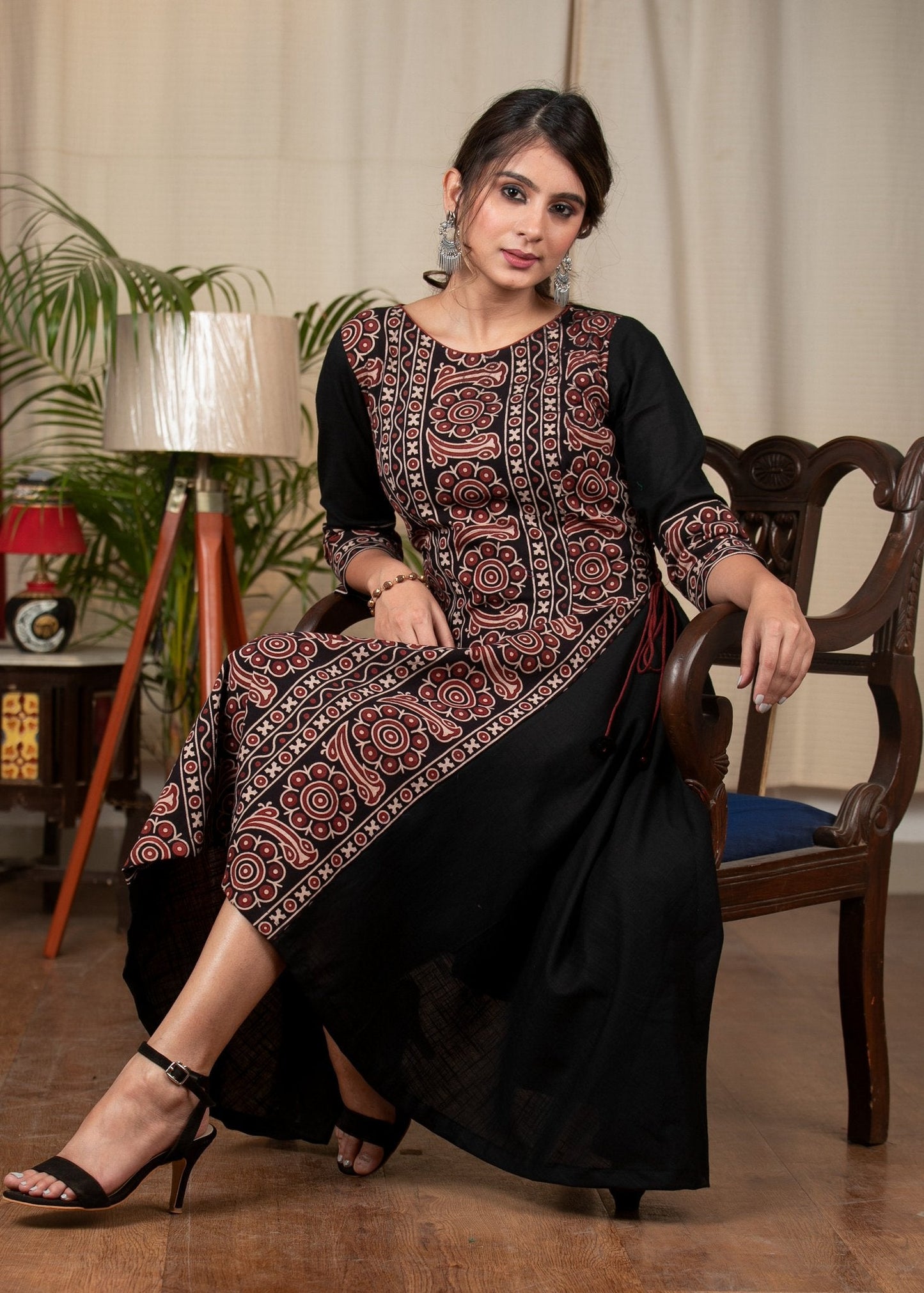 Black cotton dress with Ajrakh panel in front