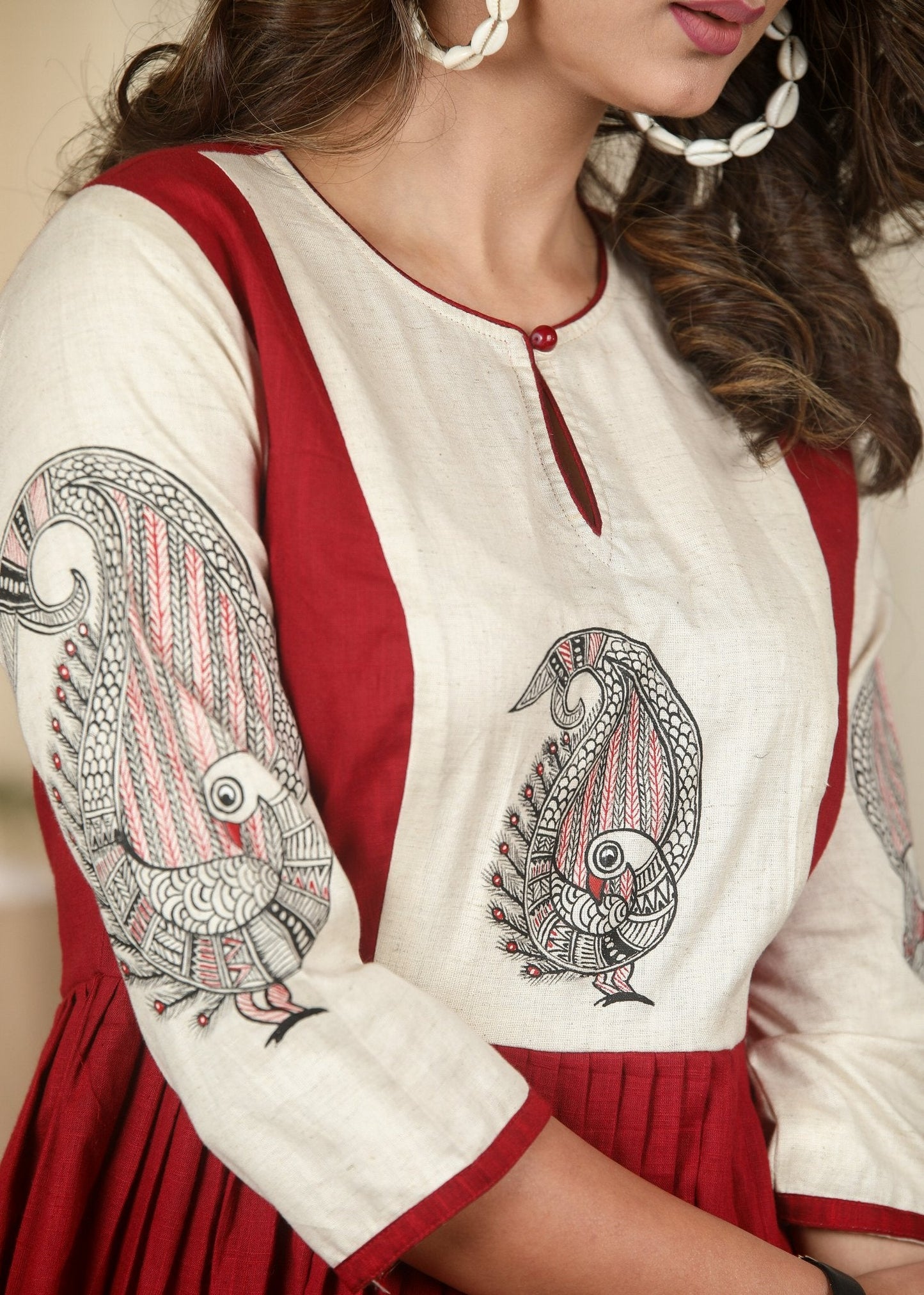 Exclusive hand painted maroon and white cotton one piece dress