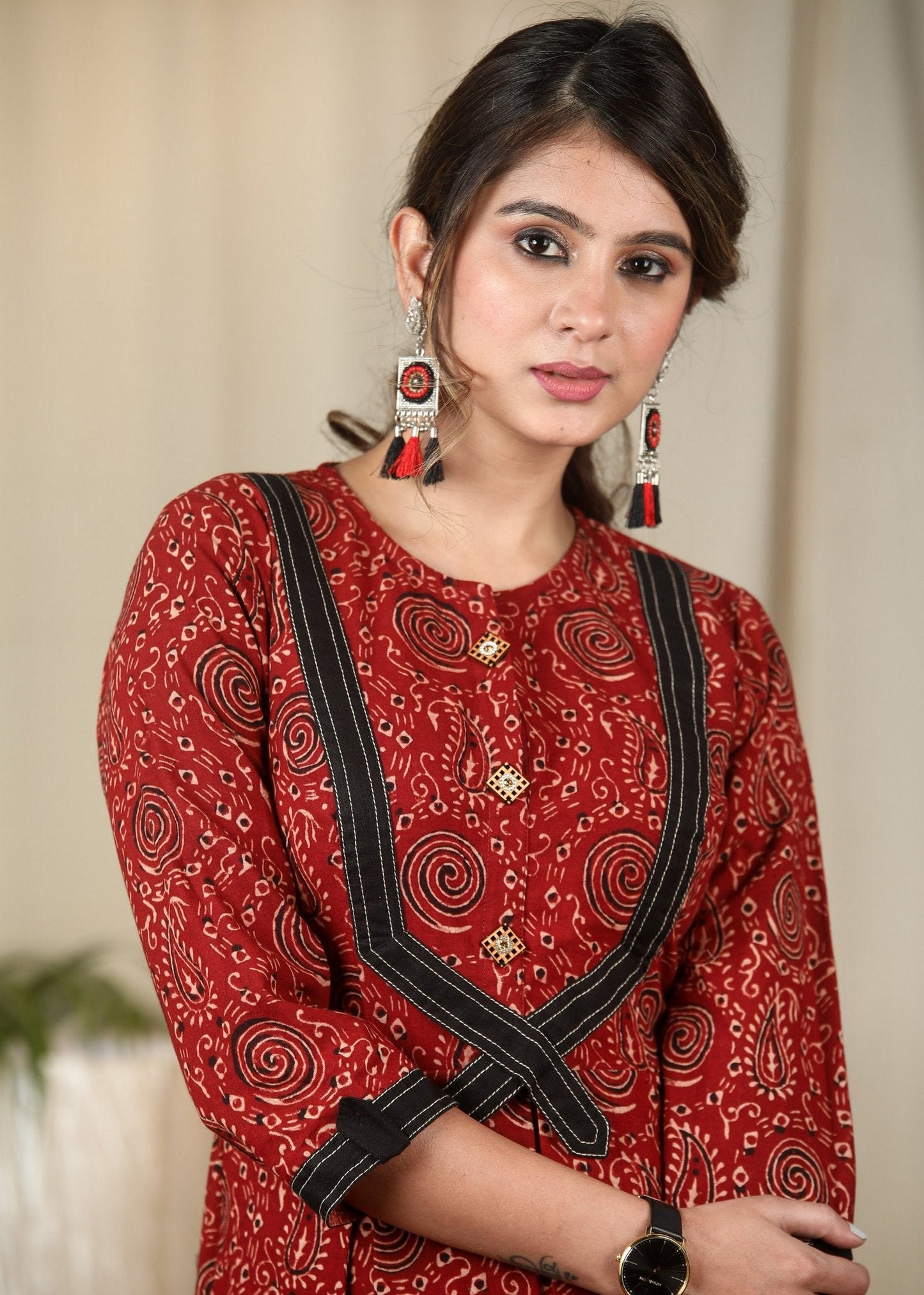 Exclusive maroon Ajrakh pleated one piece cotton dress