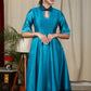 Blue cotton silk dress with stone embellishments