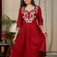 Maroon cotton dress with exclusive embroidered yoke & Ajrakh detailing