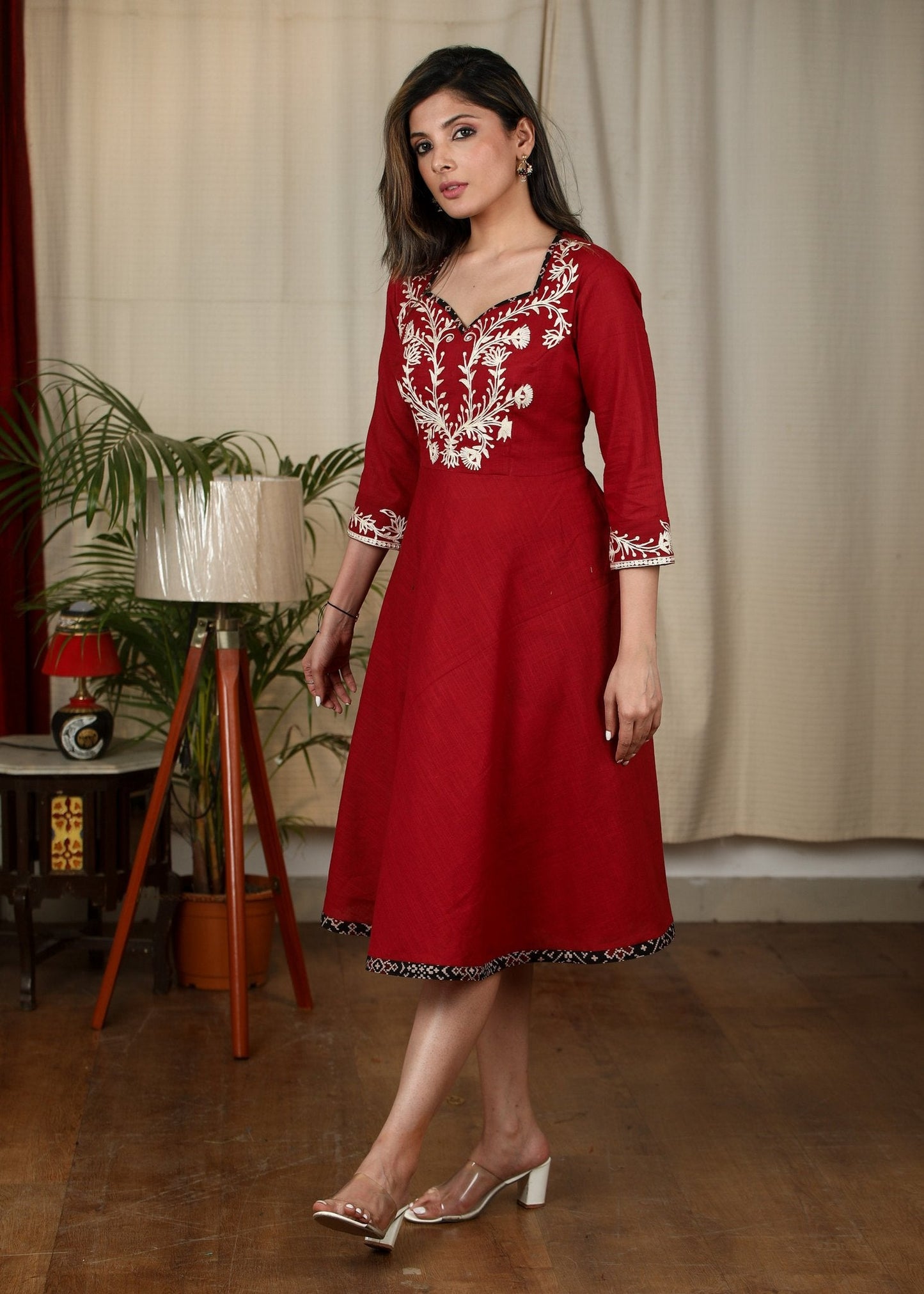 Maroon cotton dress with exclusive embroidered yoke & Ajrakh detailing