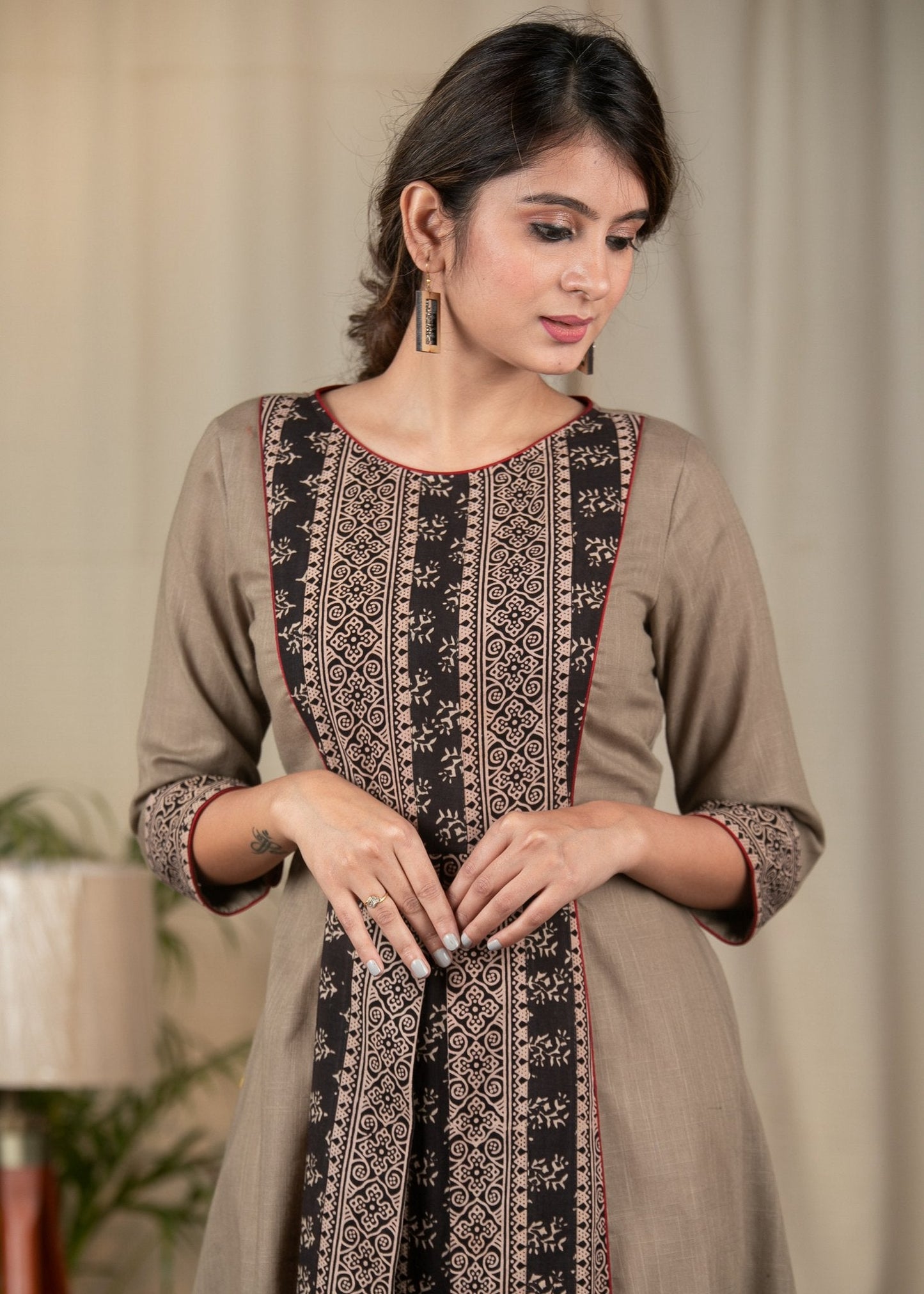 Beige handloom cotton dress with Ajrakh panel