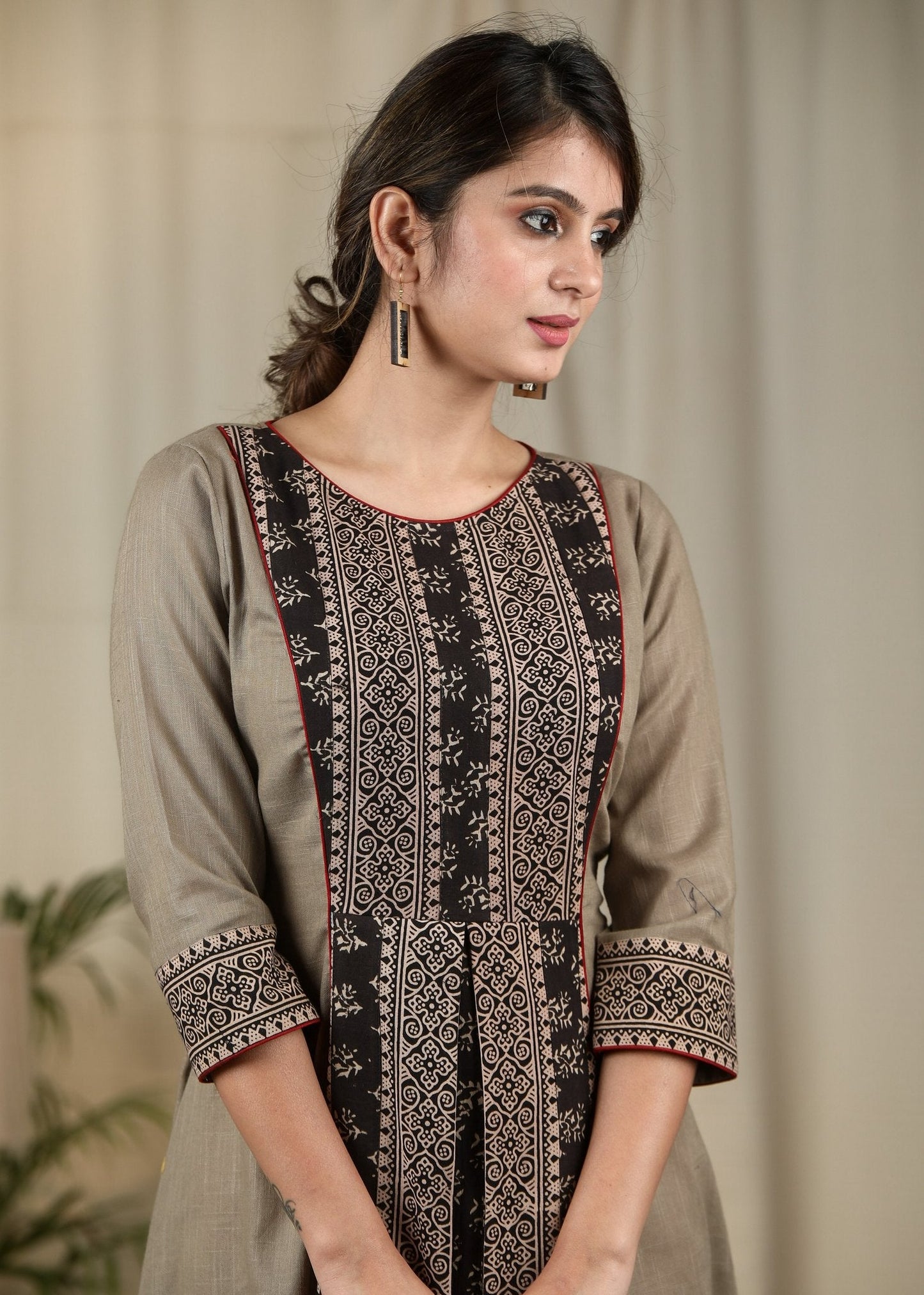 Beige handloom cotton dress with Ajrakh panel
