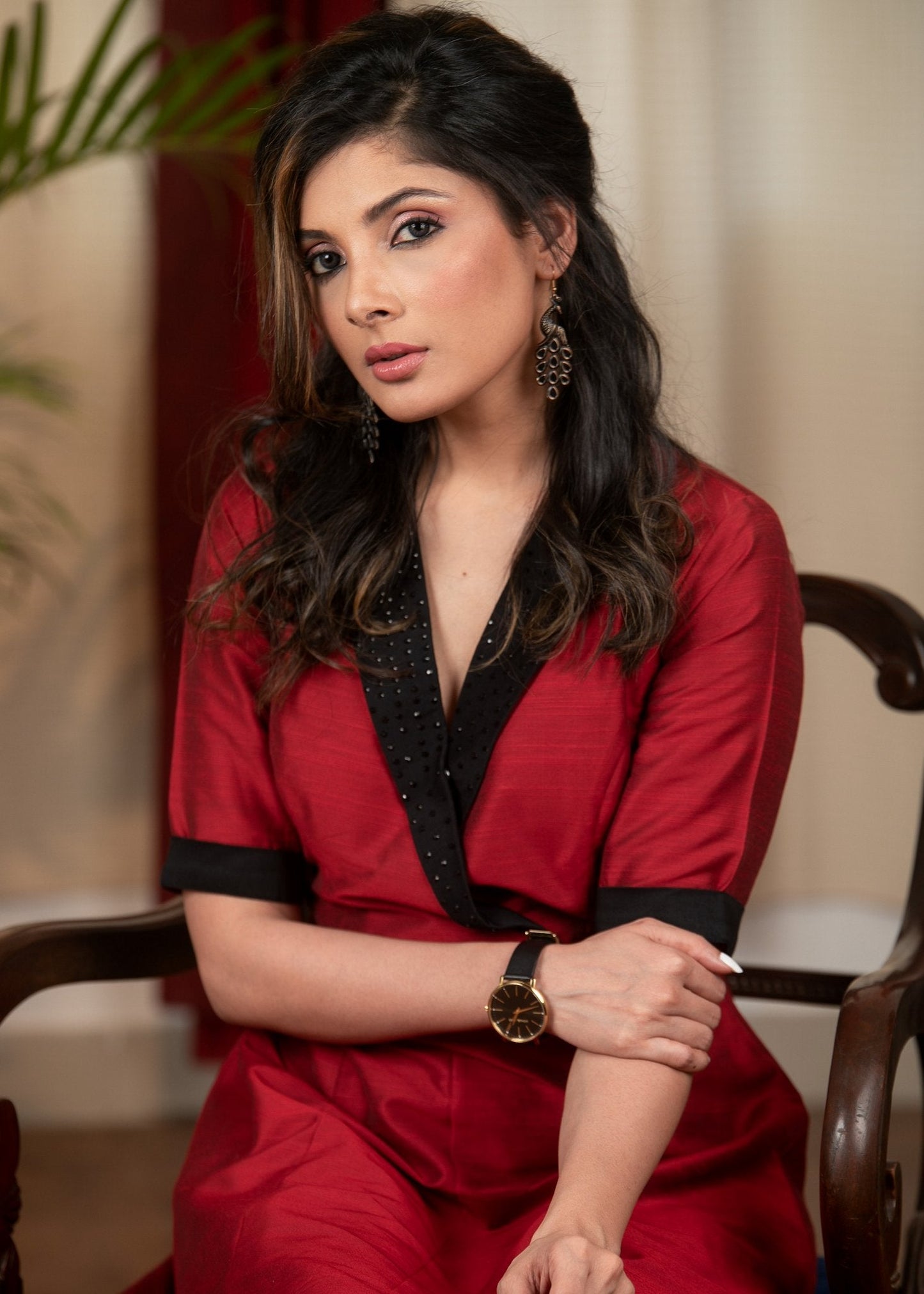 Exclusive maroon cotton silk dress with embellished collar