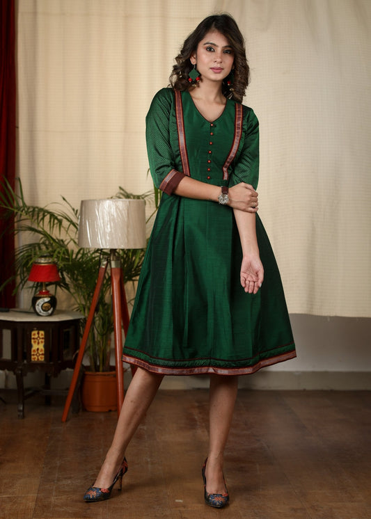 Forest green cotton silk dress with Khun combination