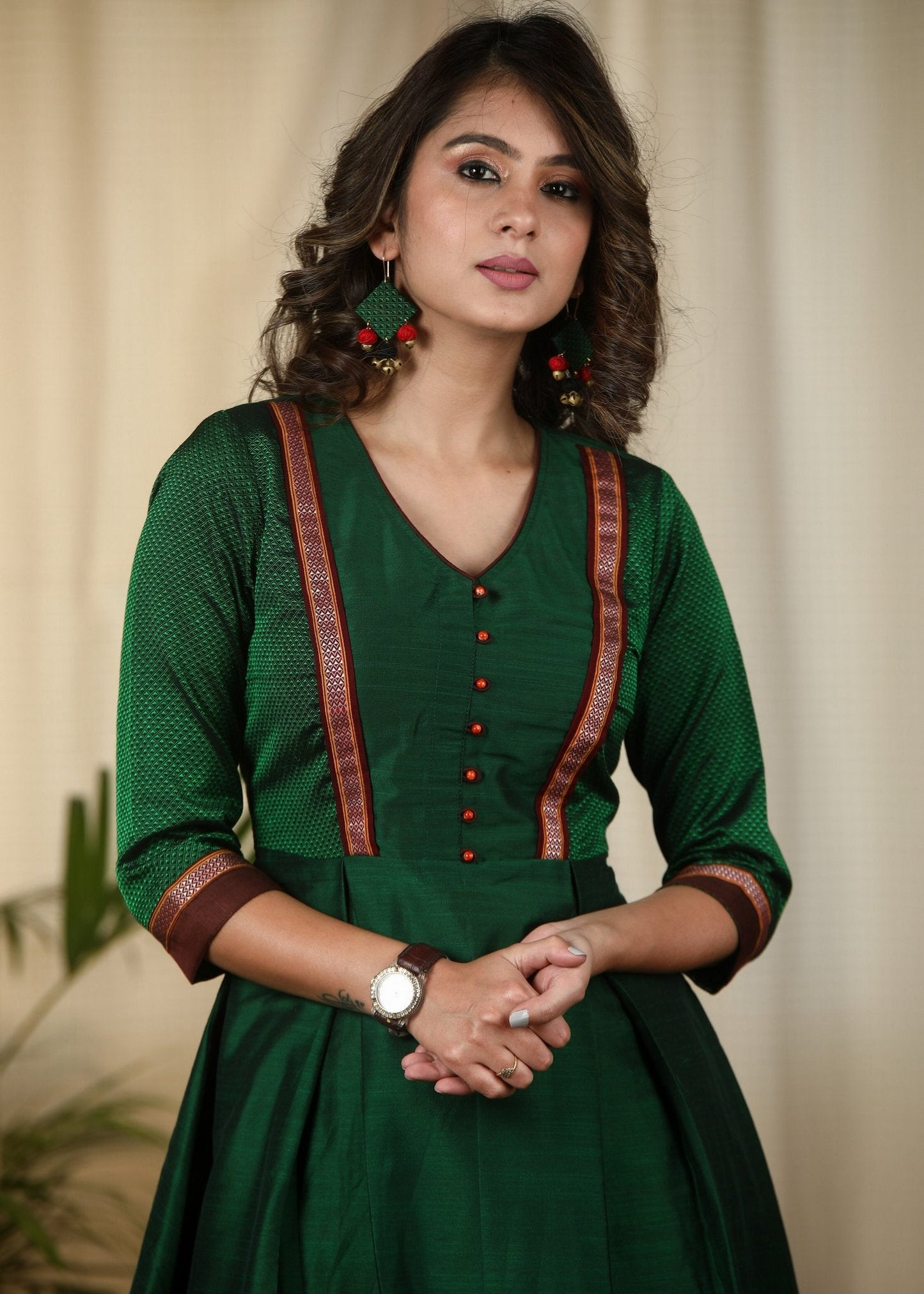 Forest green cotton silk dress with Khun combination