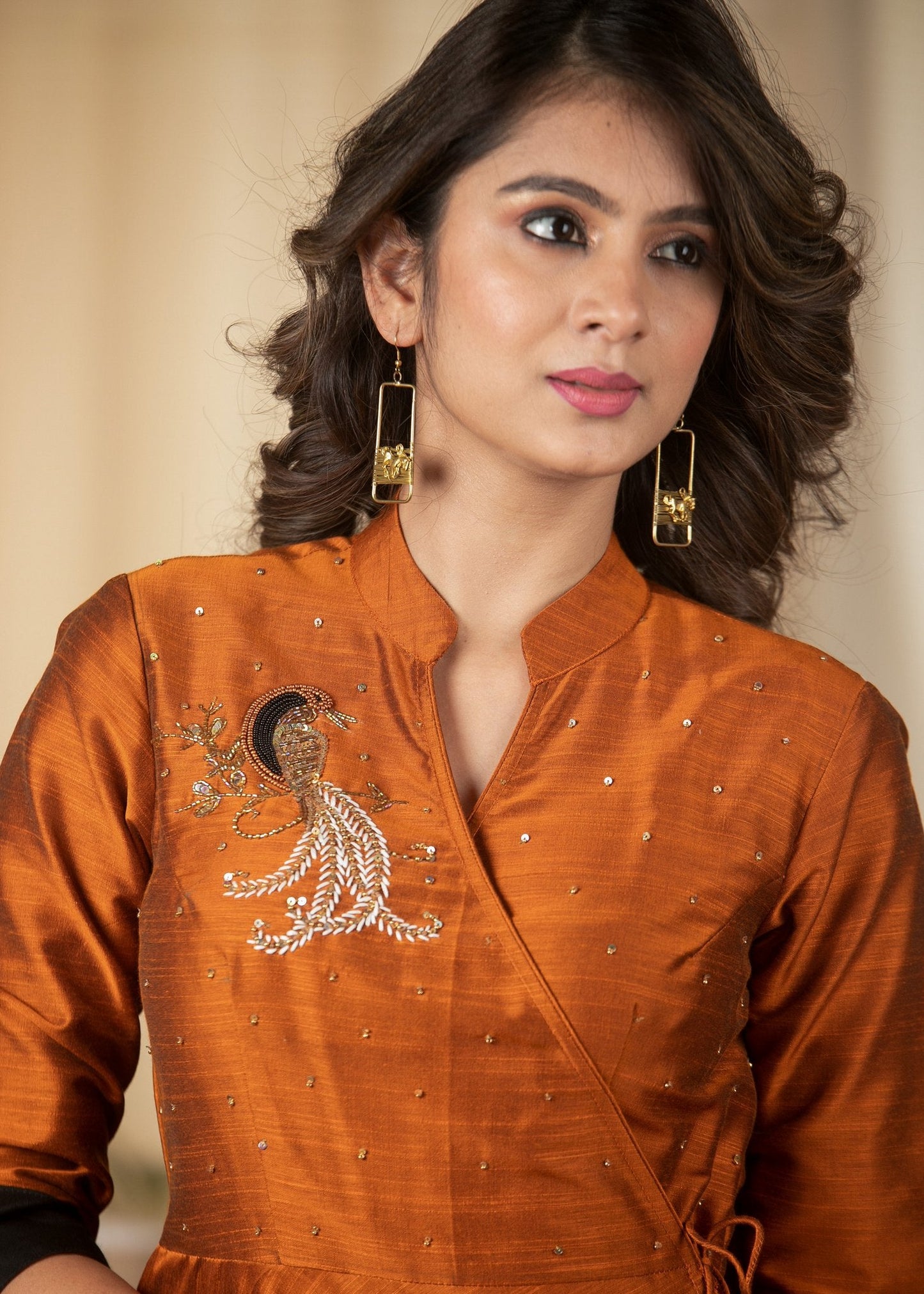 Exclusive Rust cotton silk dress with intricate hand embroidered motif