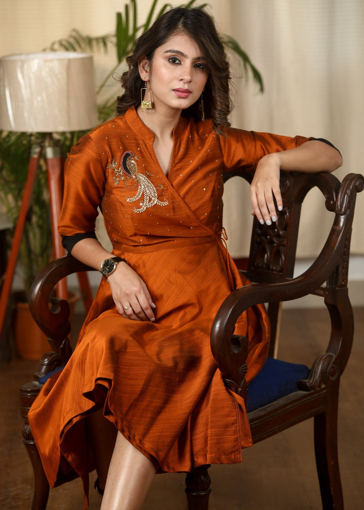 Exclusive Rust cotton silk dress with intricate hand embroidered motif