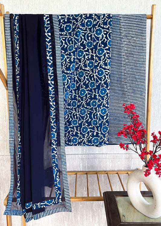 Floral Indigo Suit Set with Striped Indigo Bottom and Georgette Dupatta